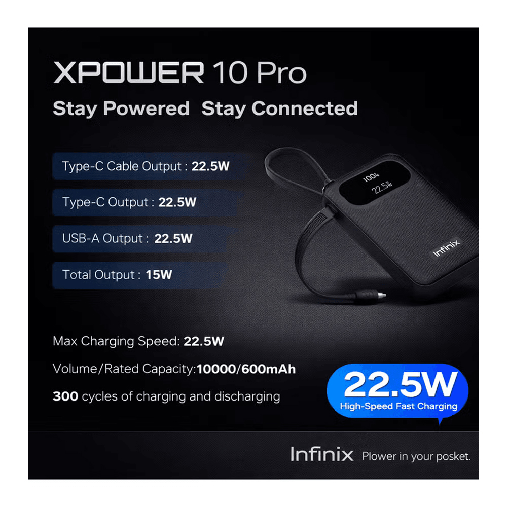 Infinix XPower 10 Pro Wired Digital Power Bank , 10000 mAh 3 Ports , Blue
