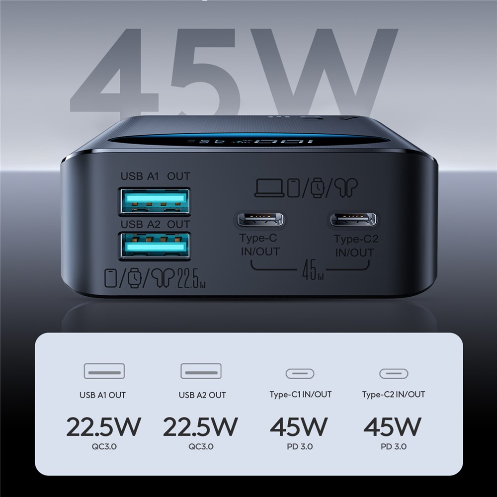 Joyroom Wired Power Bank , 20000 mAh 4 Ports , Black , JR-PBF02 Pro