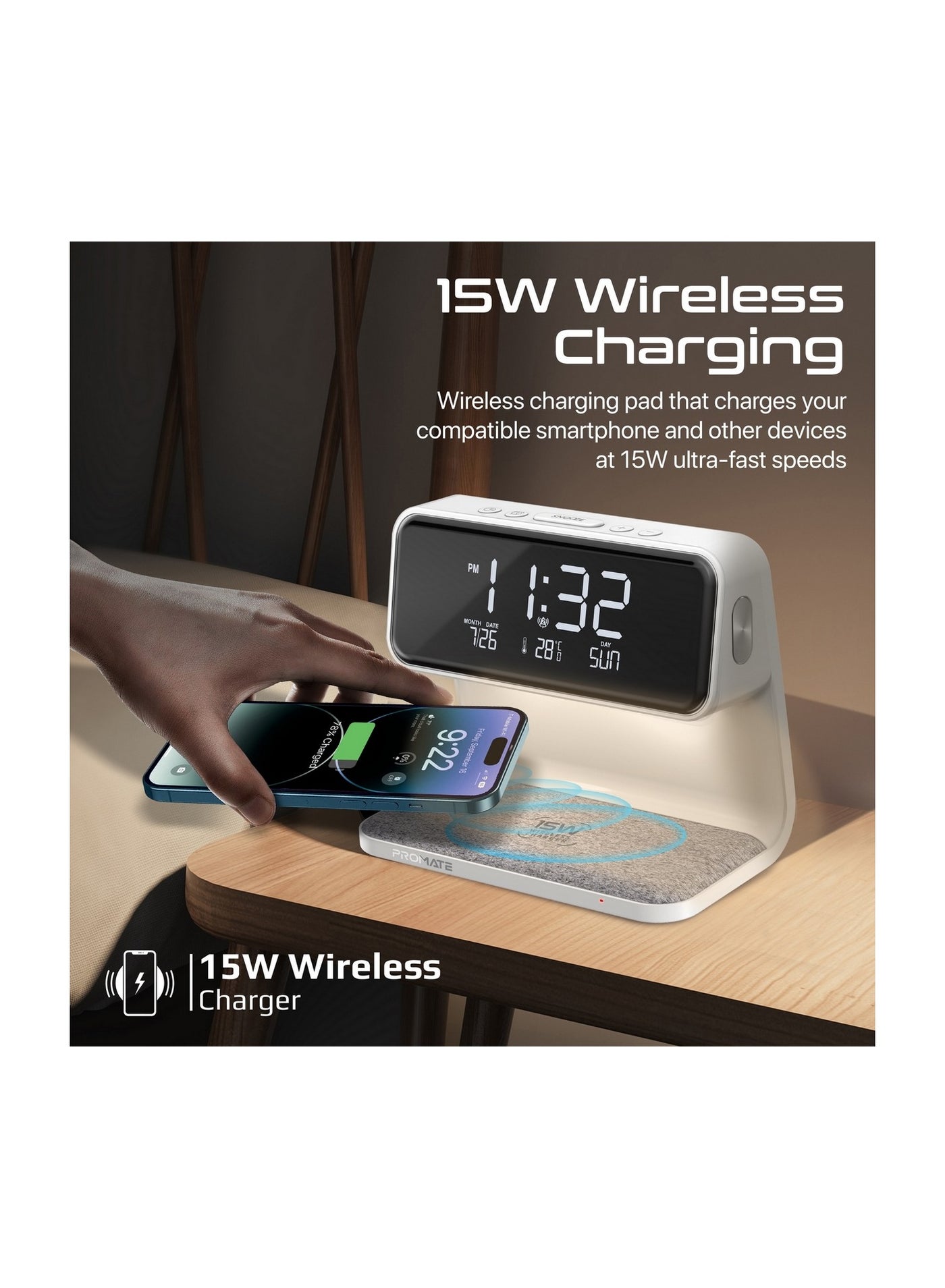 Promate Digital Alarm Clock with Wireless Charging Pad , White - LUMIX-15W.WHITE