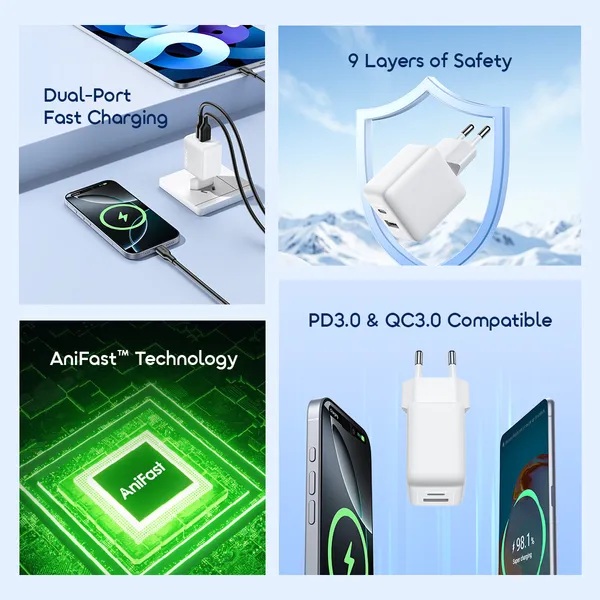 Oraimo PowerCube 201 Wall Charger with Type C Cable , 2 Ports Dual Ports Type C and A , 20 Watt 5 Volt White - OCW-5203ECC