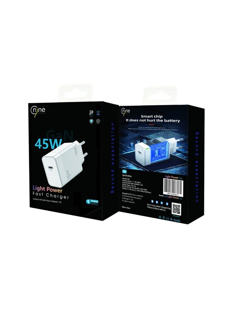 Nine Light Power Wall Charger , 1 Ports Type C , 45 Watt 100 Volt White