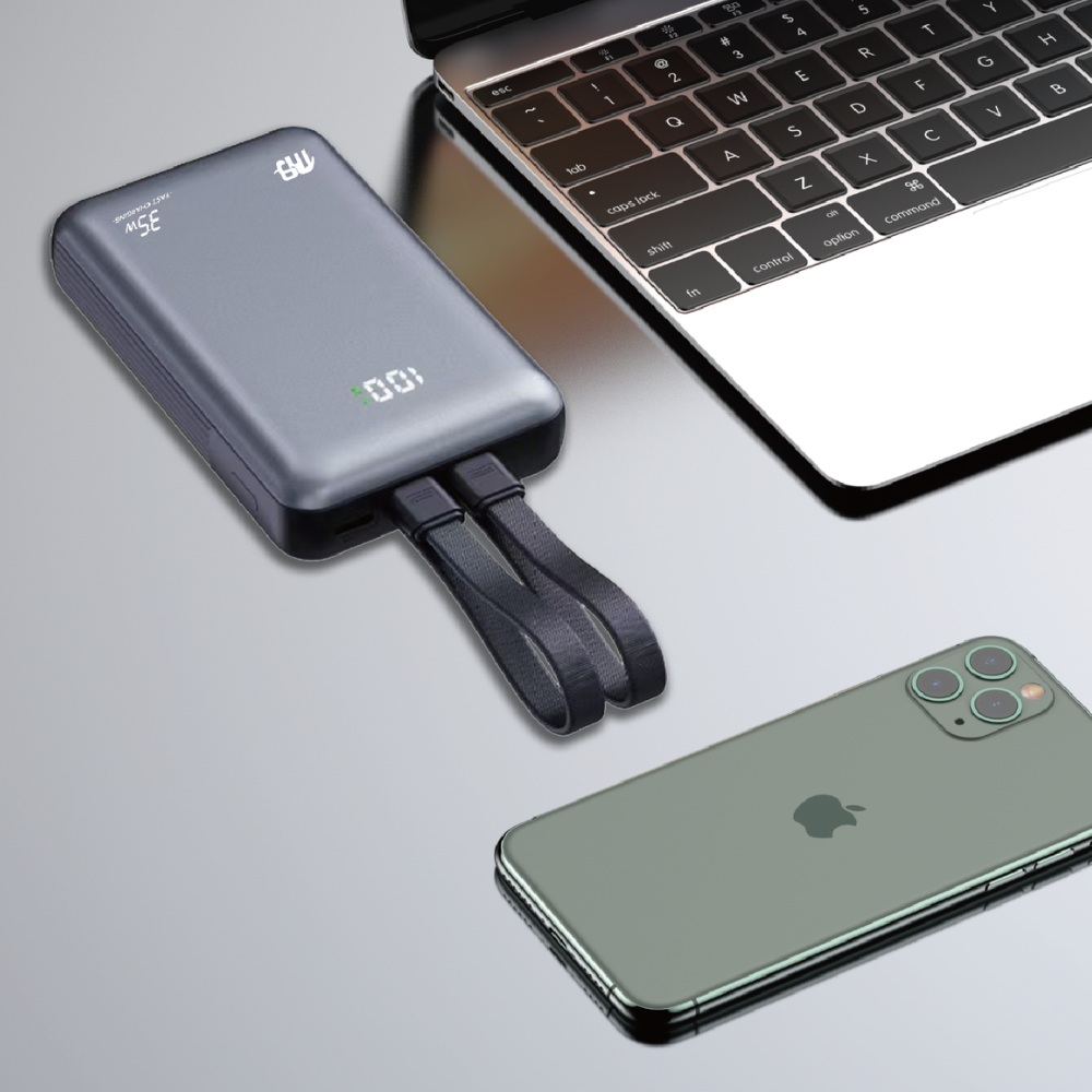 Nine DUO Power Wired Power Bank with Built-in Cables , 10000 mAh 2 Ports , Black