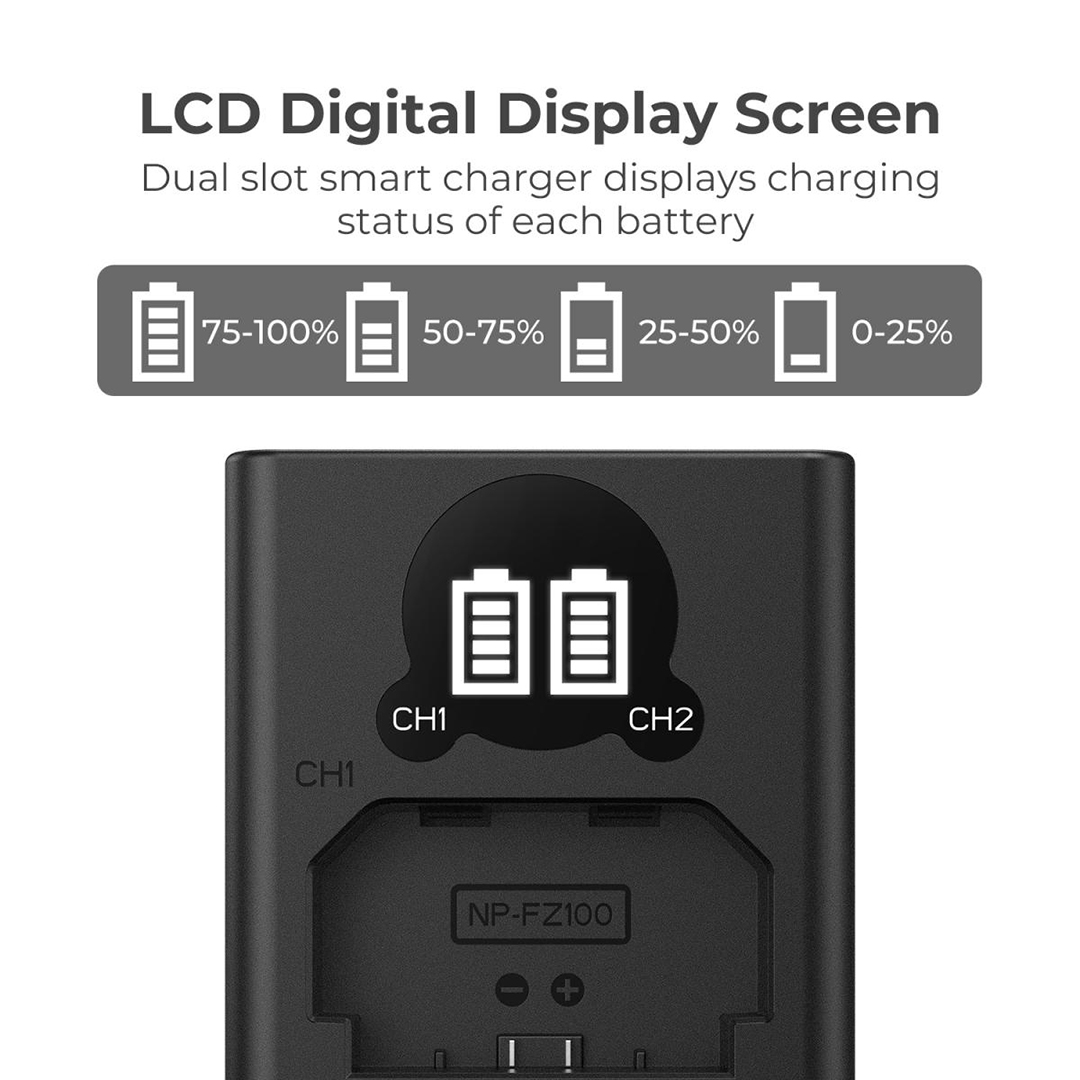 K&F Concept NP-FZ100 Camera Battery Charger forSony Alpha A7 III, A7R III, A7R IV, A9, A9 II, FX3, FX30, ZV-E1, A6600 ,Black - KF28.001V1