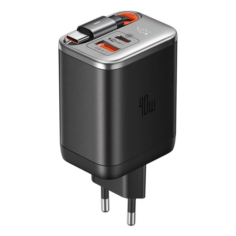 Mcdodo Wall Charger with Retractable USB-C Cable , 2 Ports Dual Ports Type C and A , 40 Watt Black - CH-4281