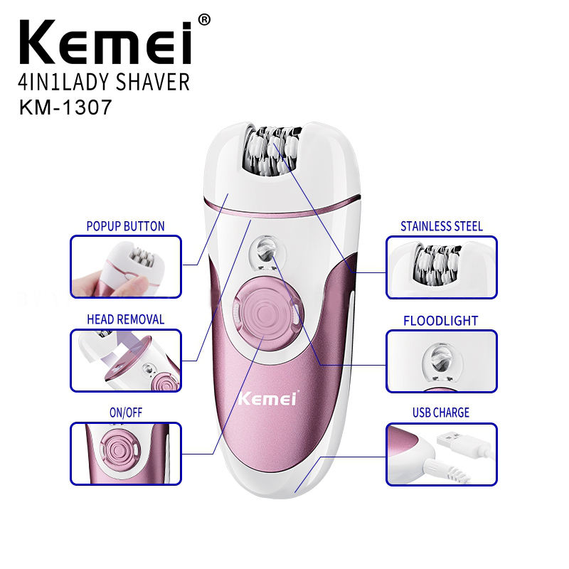Kemei 4 in 1 Epilator with Attachments White Purple - KM-1307