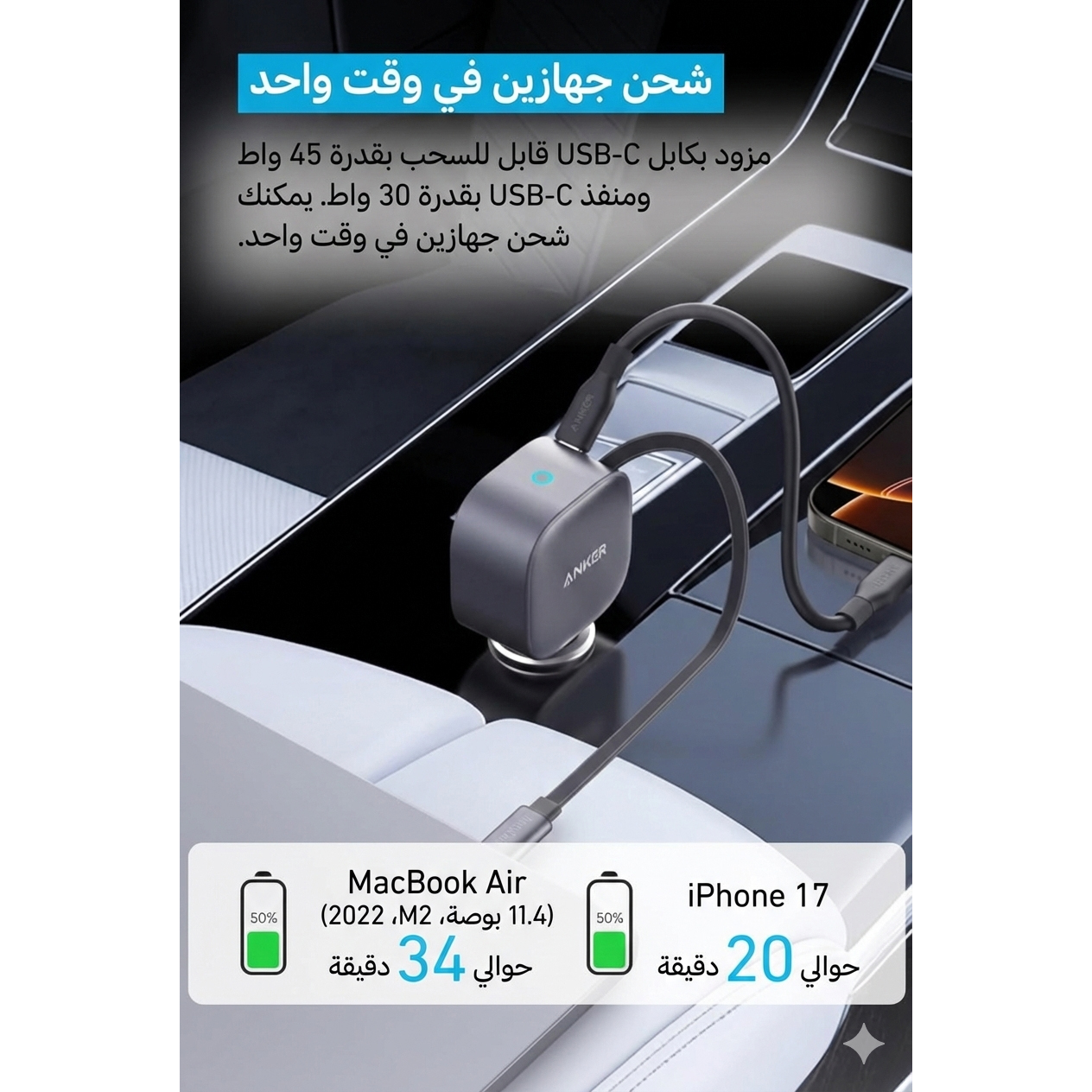Anker Car Charger with Built In Cable Type-C , 2 Ports , Type C , 75 Watt , 5 Volt , Grey - ‎AMZ-A2738