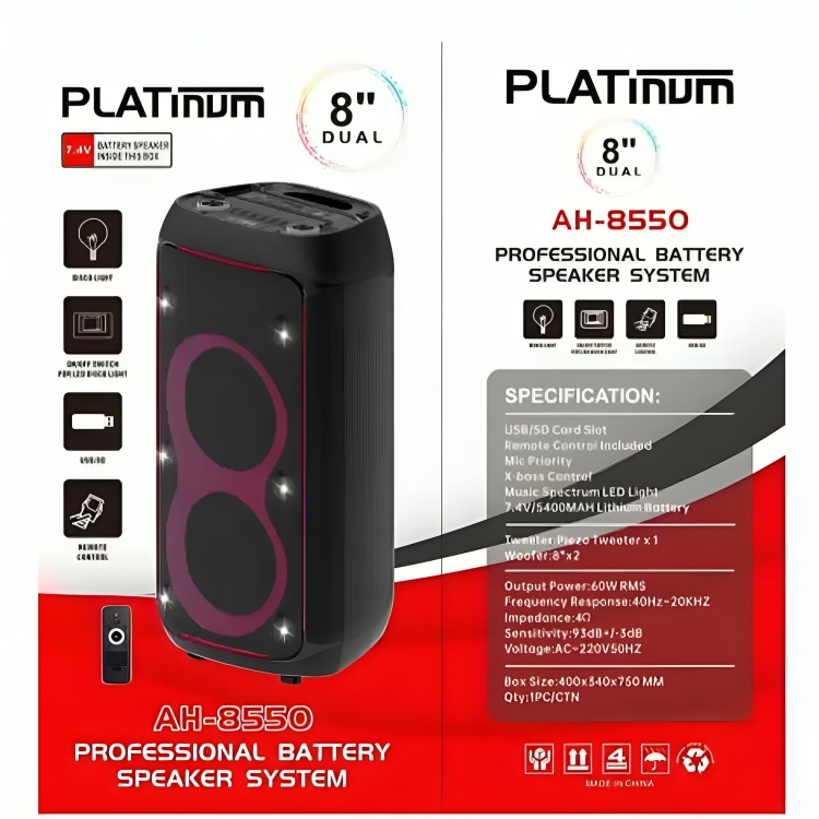 مكبر صوت بلوتوث محمول بلاتنيوم ، اسود - AH-8550