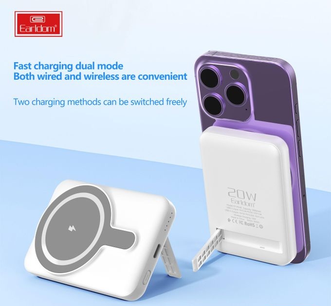 Earldom PD40 Wired / Wireless MagSafe Power Bank , 5000 mAh 1 Ports , White Gray