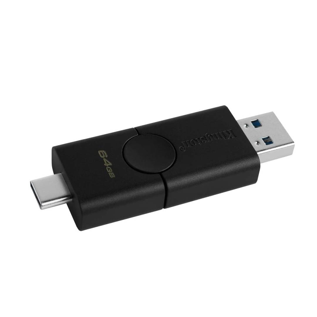 فلاش درايف USB مزدوج المنفذ USB-A و USB-C كينجستون داتا ترافيلر ديو ، 64 جيجا بايت اسود - DTDE/64GB