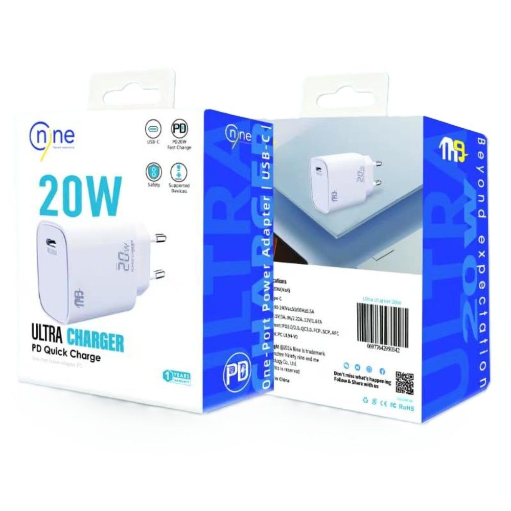 Nine Go Power On Wall Charger , 1 Ports Type C , 20 Watt White