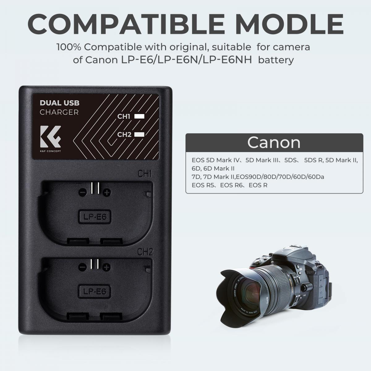 K&F Concept Camera Battery Kit with Dual Charger forCanon LP-E6، LP-E6N، LP-E6NH ,Black - KF28.0007