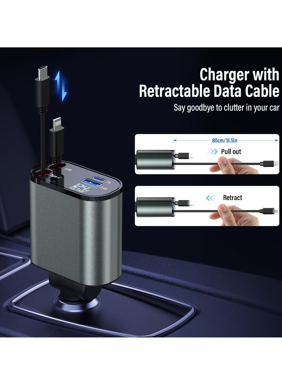 Generic Car Charger with Built-in Cables , 2 Ports , Dual Ports Type C and A , 120 Watt , 12 Volt , Black