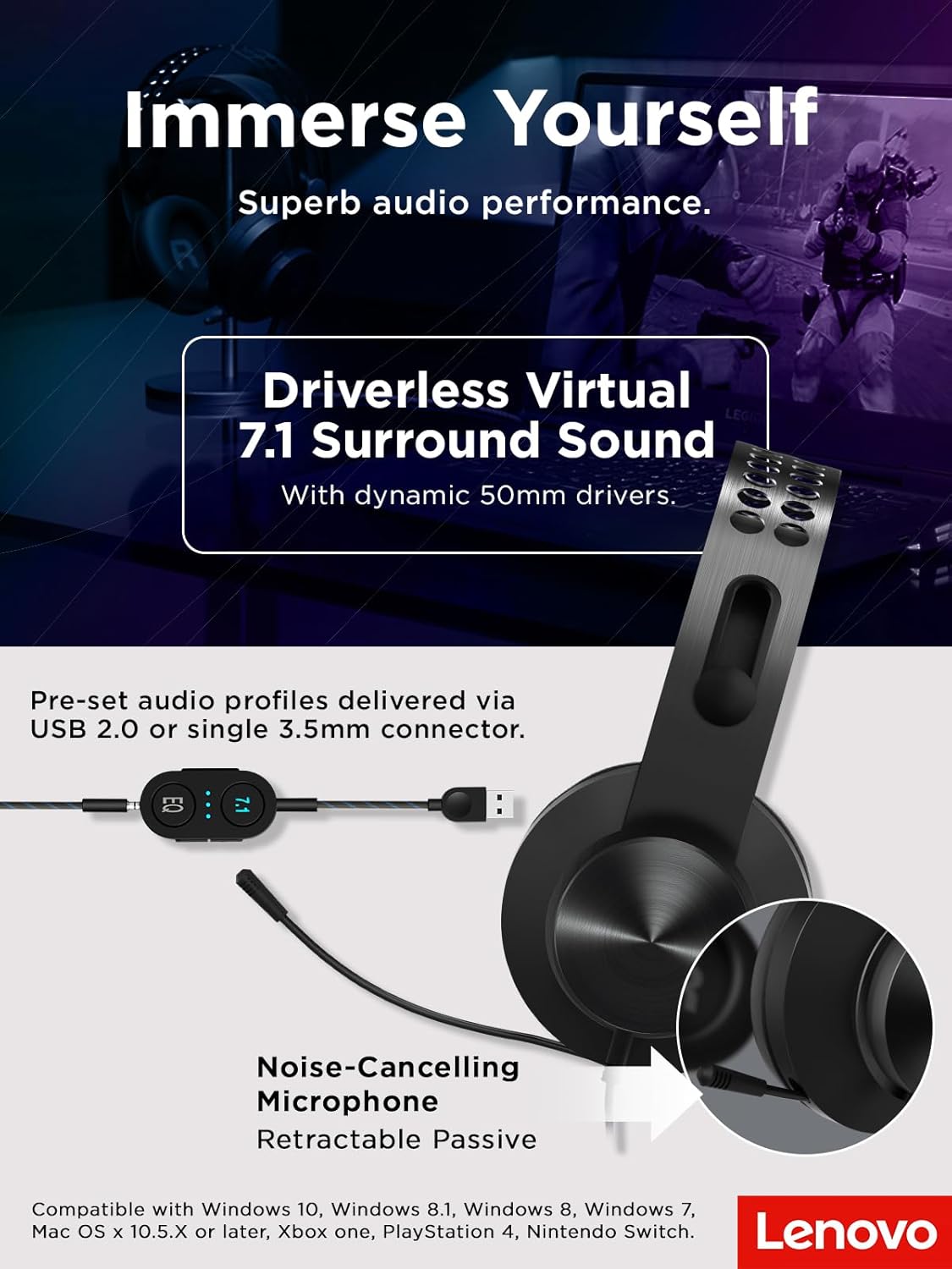 Lenovo Legion H500 Pro Wired Gaming Headset with Microphone , Black - GXD0T69864