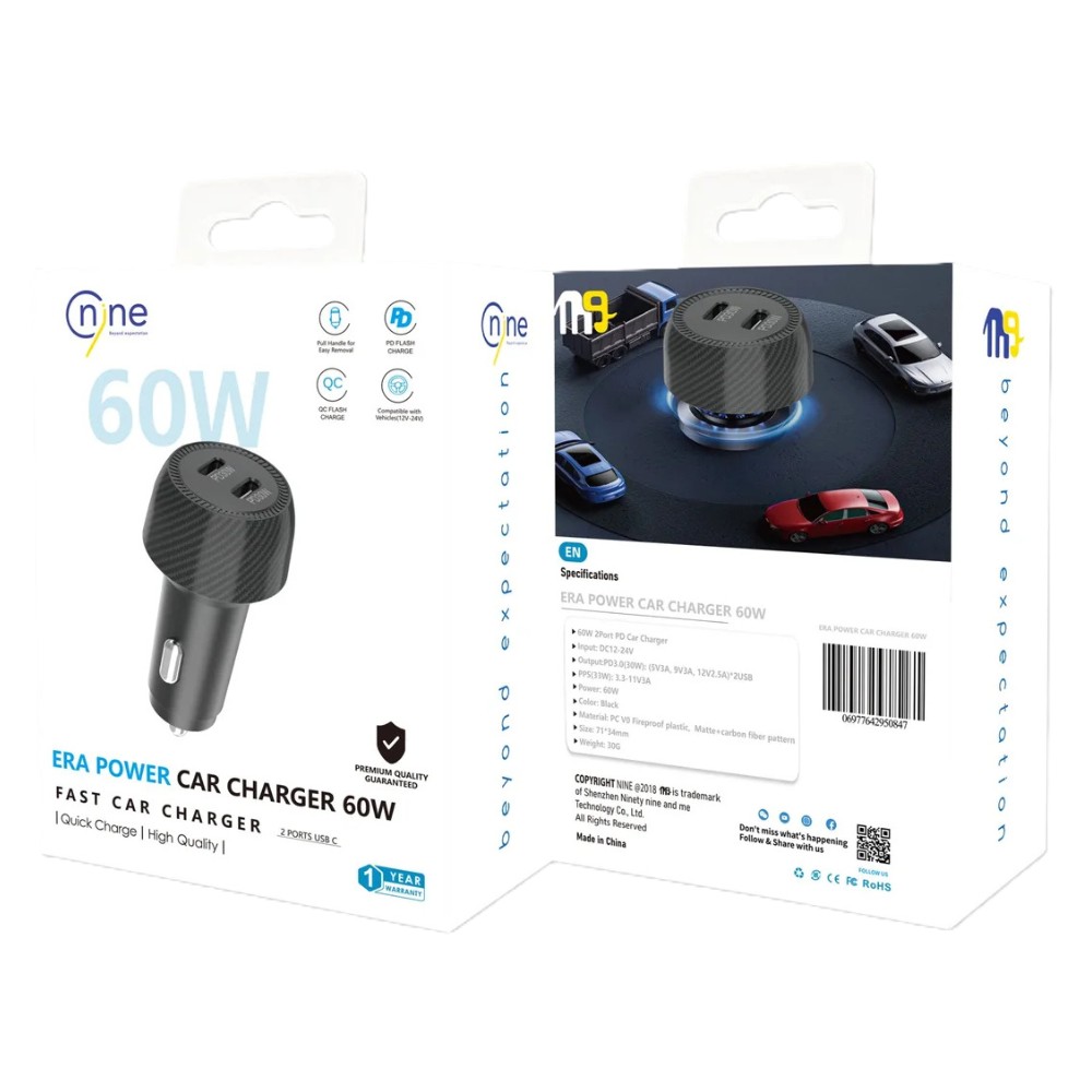 Nine Era Power Car Charger , 2 Ports , Dual Ports Type C and A , 60 Watt , 12 Volt , Black