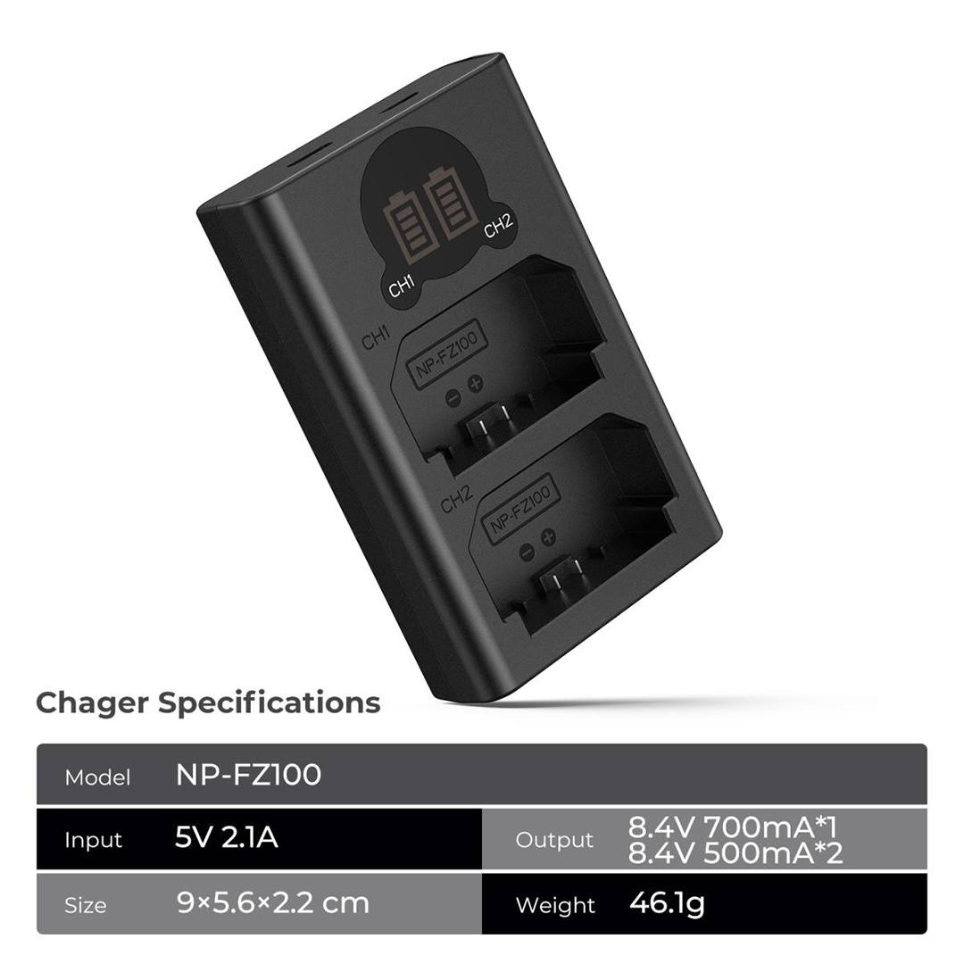 K&F Concept NP-FZ100 Camera Battery Charger forSony Alpha A7 III, A7R III, A7R IV, A9, A9 II, FX3, FX30, ZV-E1, A6600 ,Black - KF28.001V1