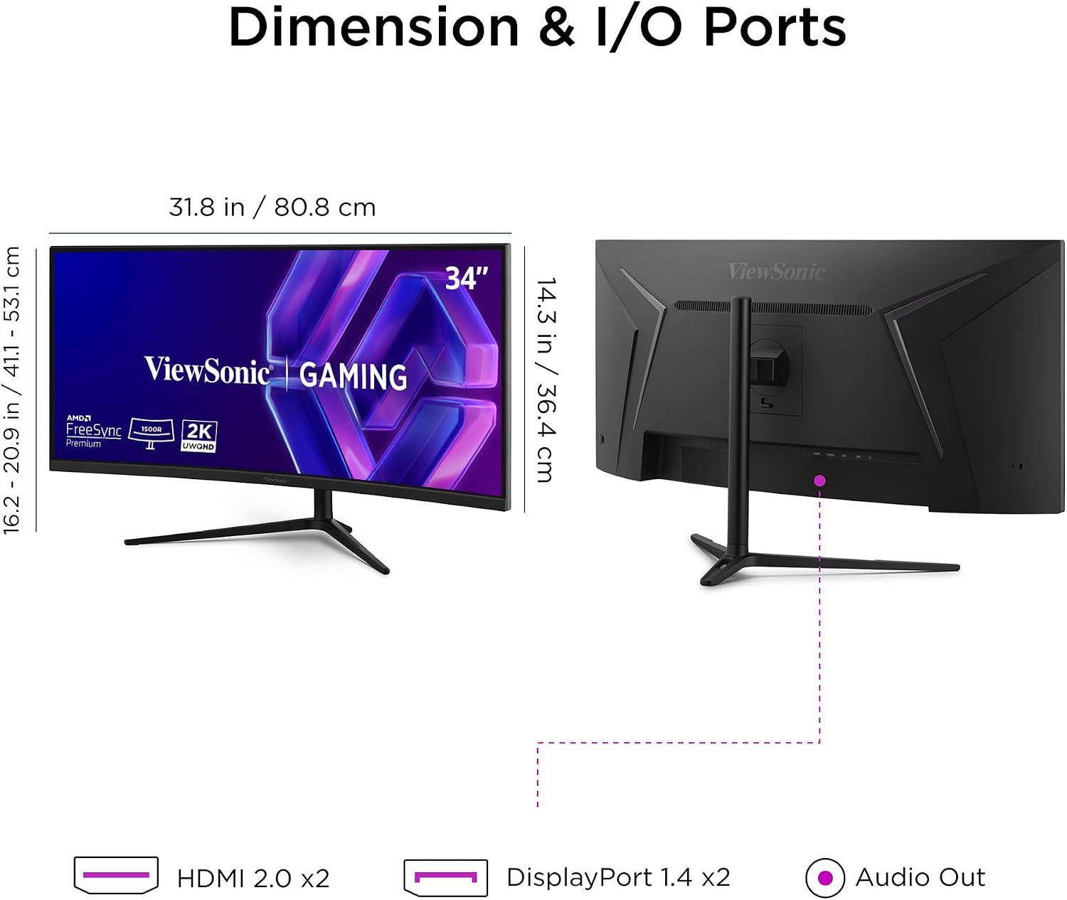 Viewsonic 34 Inch UWQHD Curved Gaming Monitor , 180 Hertz 1 Millisecond , Black - VX3418C-2K