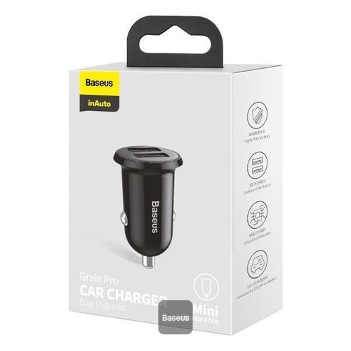 Baseus Grain Pro Car Charger , 2 Ports , USB , 24 Watt , 24 Volt , Black - CCALLP-01