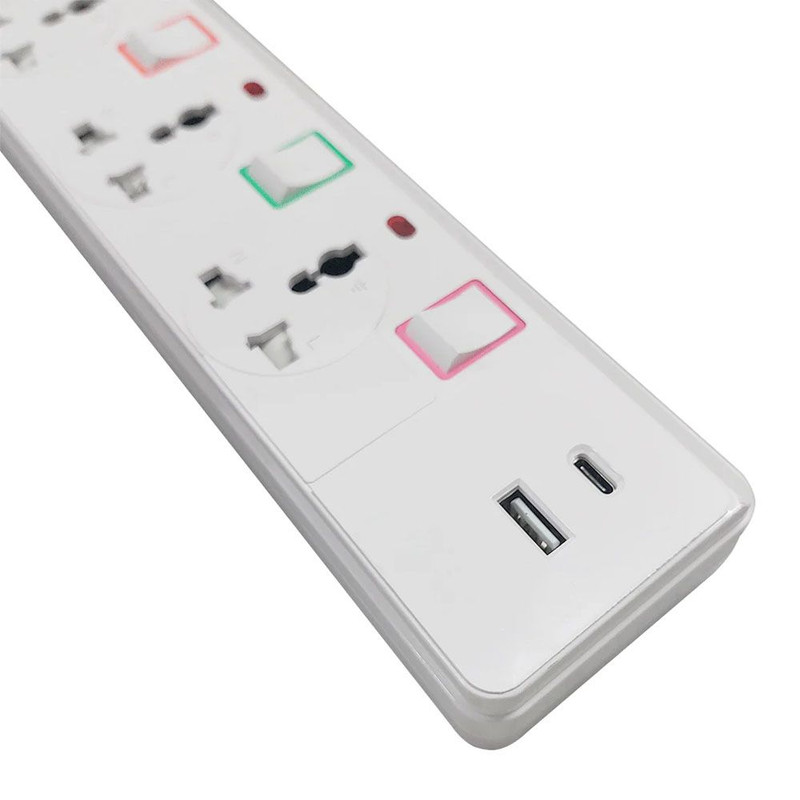مشترك كهربائي اي ترين ، عدد 2منفذ 3 منافذ + 1 USB + 1 USB-C 2.4 امبير ،ابيض - PS074