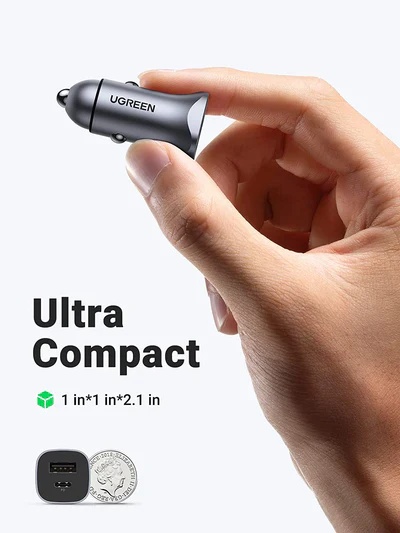 شاحن سيارة يوجرين ، عدد 2 منفذ USB ، قدرة 30 وات ، رمادي - CD130