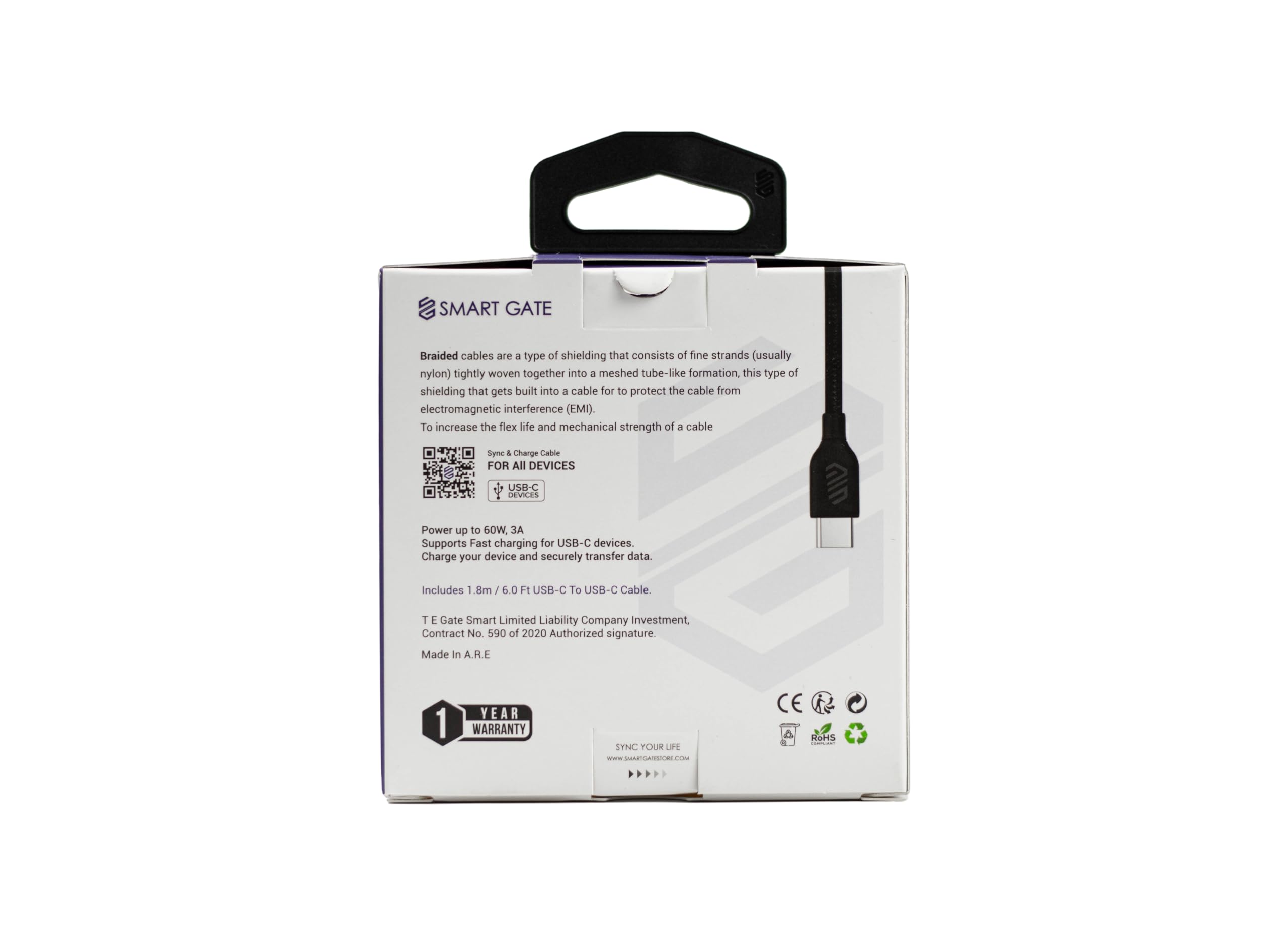 كابل شحن Type C سمارت جيت ، طول 1.8 متر ، اسود - BCCF180B