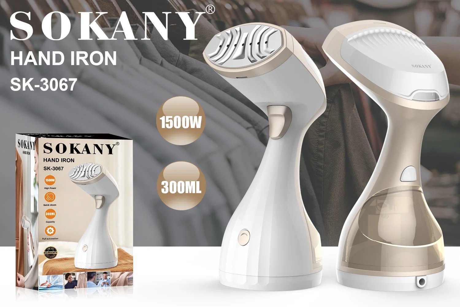 Sokany Electric Handheld Steam Iron , 1500 Watt White Gold - SK-3067