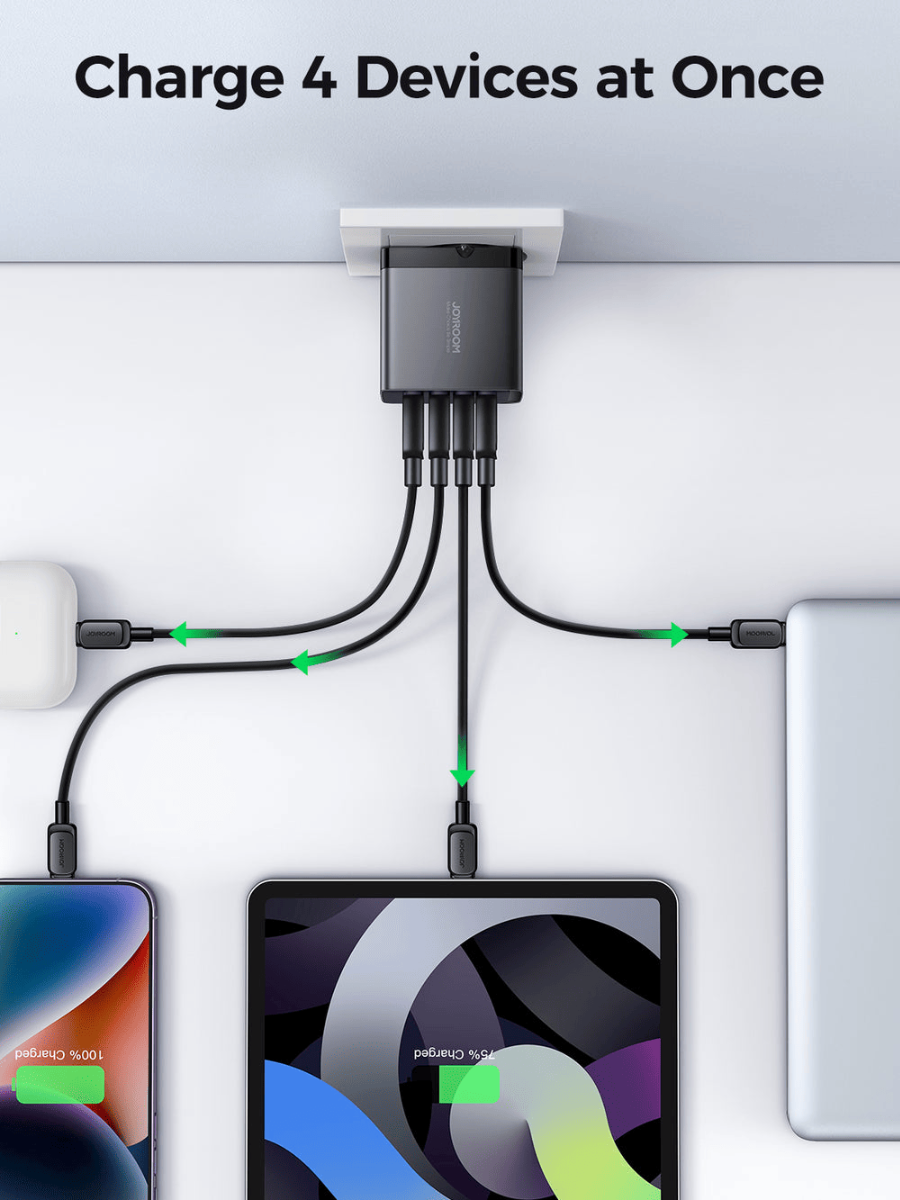 شاحن مع كابل Type C جوي روم Ultra ، عدد 4 منفذ منفذين نوع C و A ، قدرة 100 وات ، اسود - JR-TCG04EU