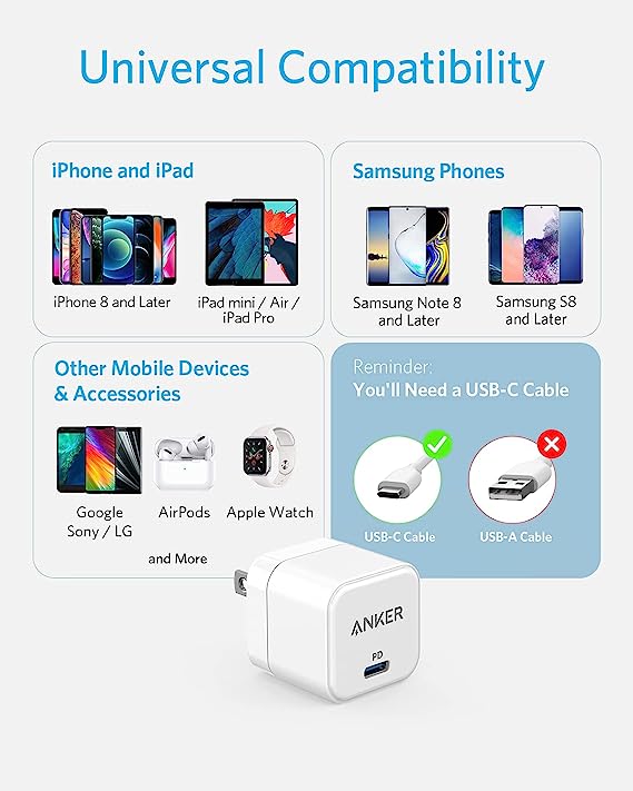 Anker PowerPort III Cube Fast PD Wall Charger , 1 Ports Type C , 20 Watt White