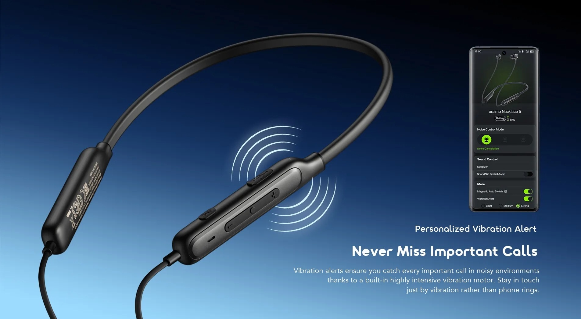 Oraimo Necklace 5 Wireless Neckband In-Ear Earphones , Active Noise Cancellation , Black - OEB-611