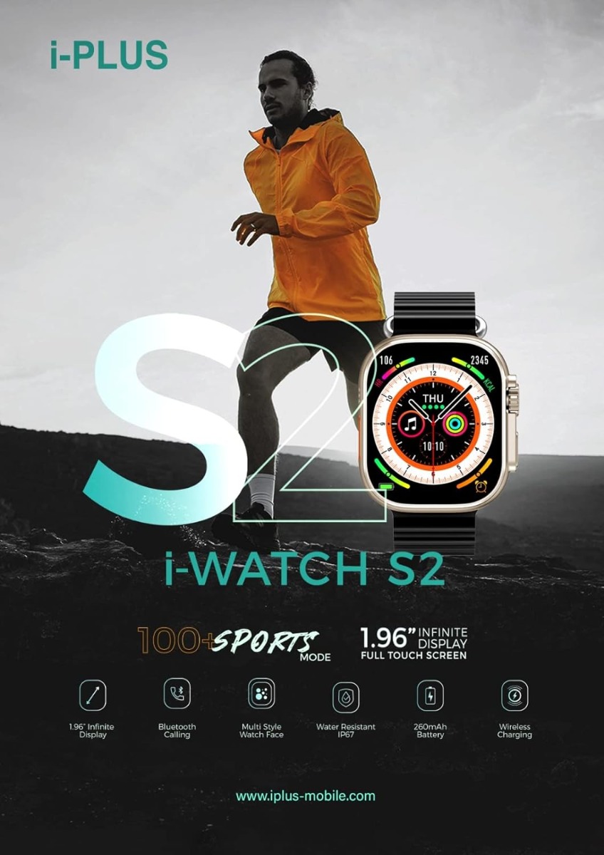 ساعة سمارت اي بلس اي ووتش S2 ، مقاس 1.96 بوصة ، اسود