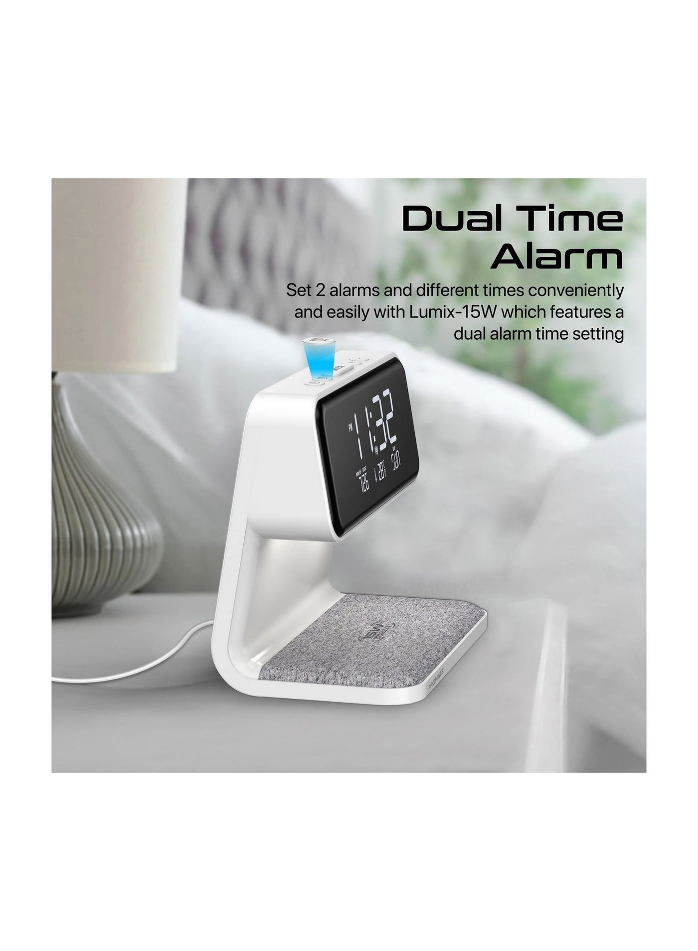 Promate Digital Alarm Clock with Wireless Charging Pad , White - LUMIX-15W.WHITE