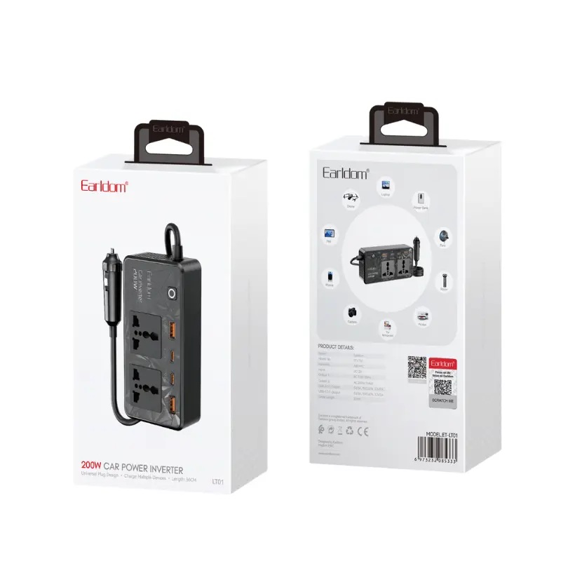 Earldom Car Charger , 4 Ports , Multi Ports , 200 Watt , 12 Volt , Black - LT01