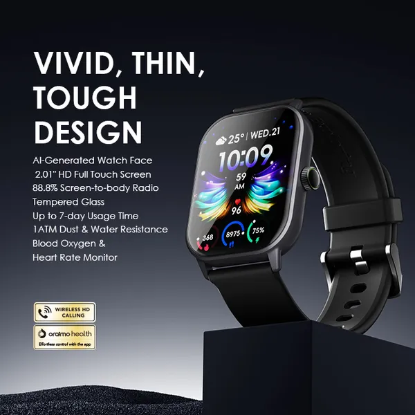 Oraimo Watch 5 Max Smart Watch , 2.01 Inch Black