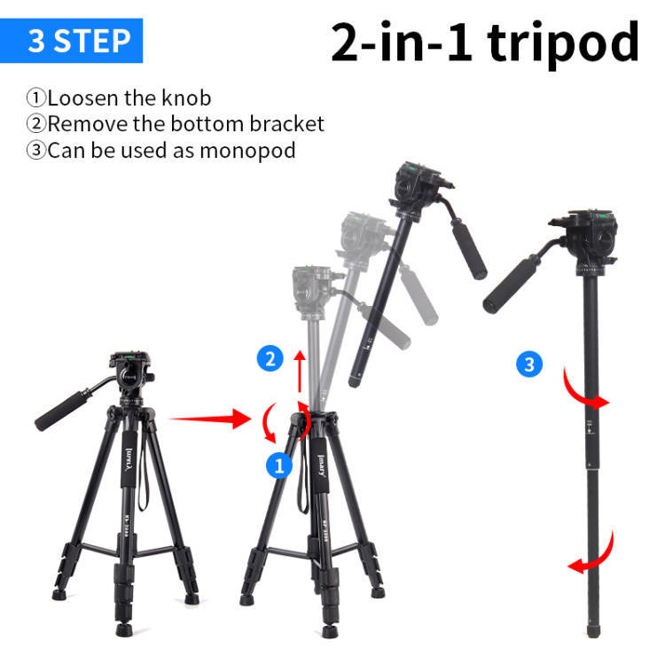 ترايبود 2 في 1 جيه ماري KP-2599 لكاميرات DSLR، كاميرات ميرورليس، كاميرات الفيديو، الموبايلات السمارت (مع محول) ،اسود