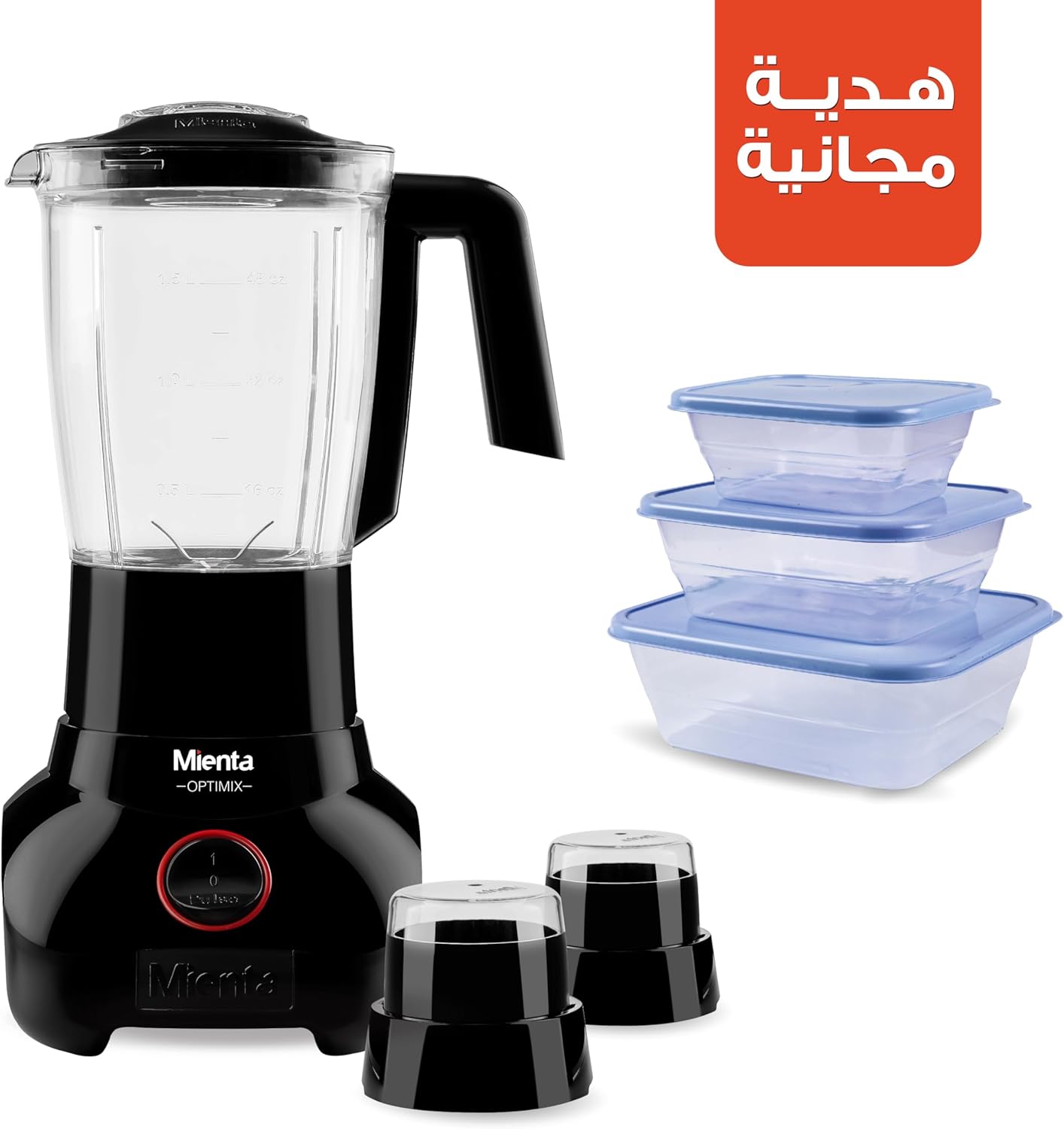 Mienta OPTIMIX Countertop Blender with 2 Grinders 1.75 Liter 700 Watt Black - BL1291G, with 3 Plastic Food Containers