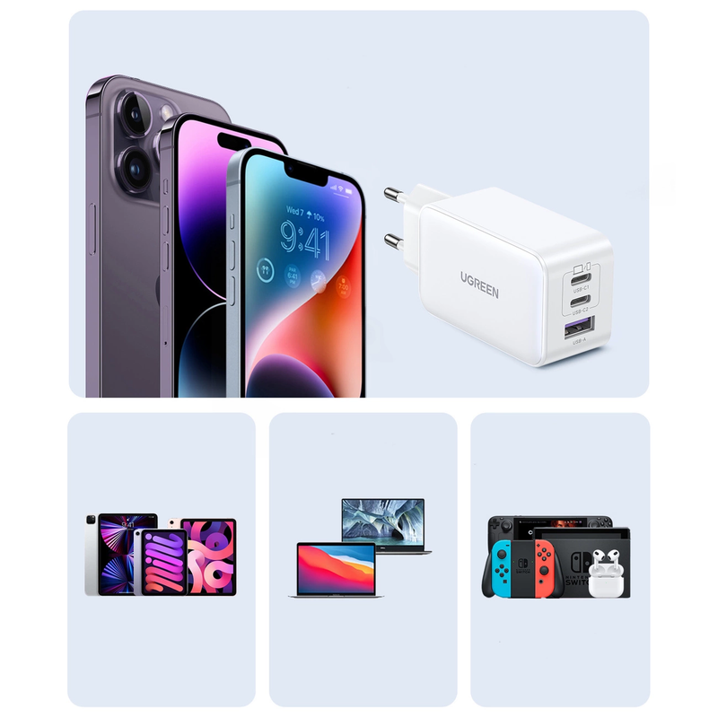 شاحن يوجرين جان فاست ، عدد 3 منفذ USB ، قدرة 65 وات ، ابيض - CD244