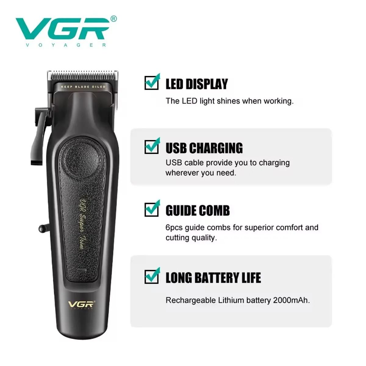 VGR Professional Rechargeable Hair Clipper with Attachments Dry , Black - V-197