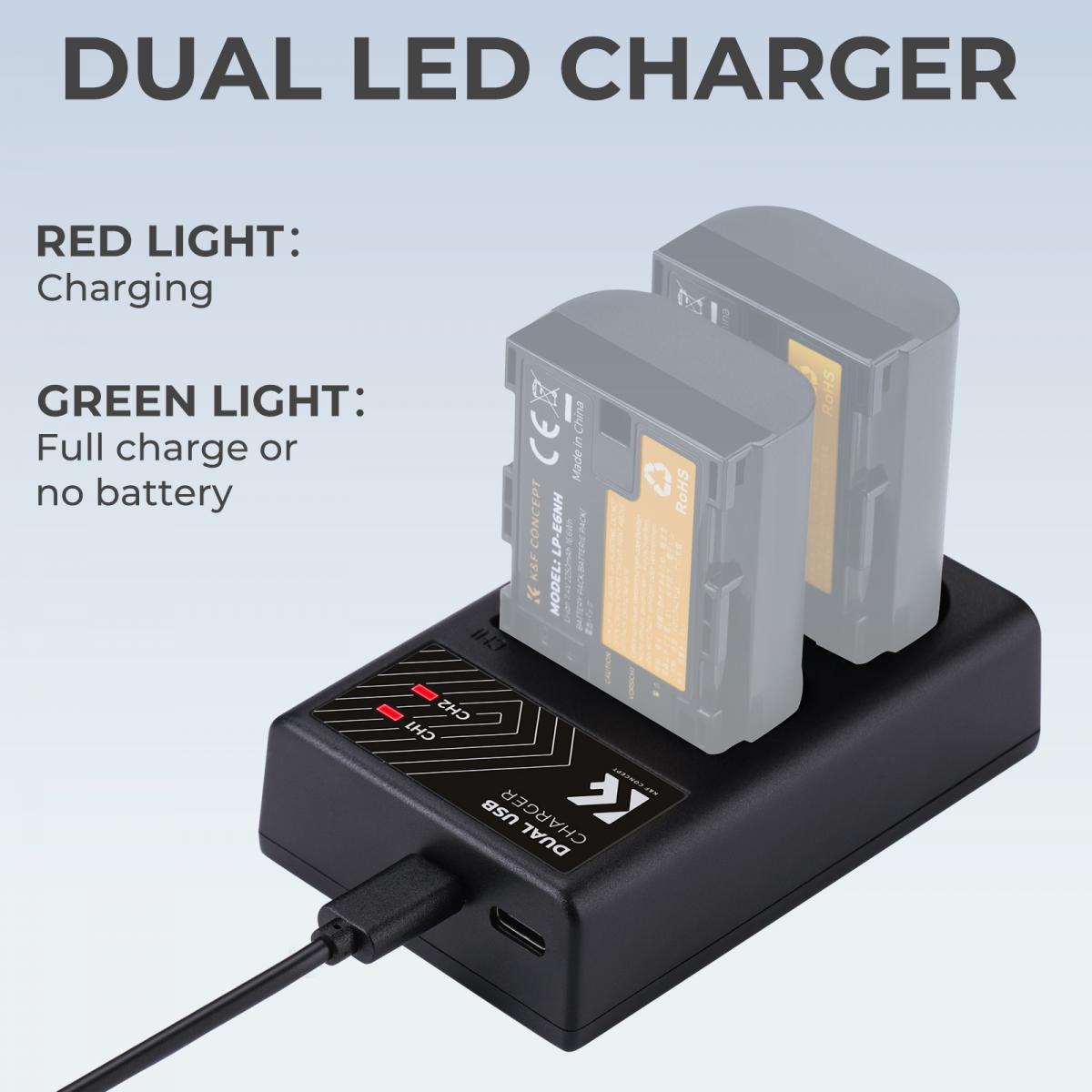 K&F Concept Camera Battery Kit with Dual Charger forCanon LP-E6، LP-E6N، LP-E6NH ,Black - KF28.0007