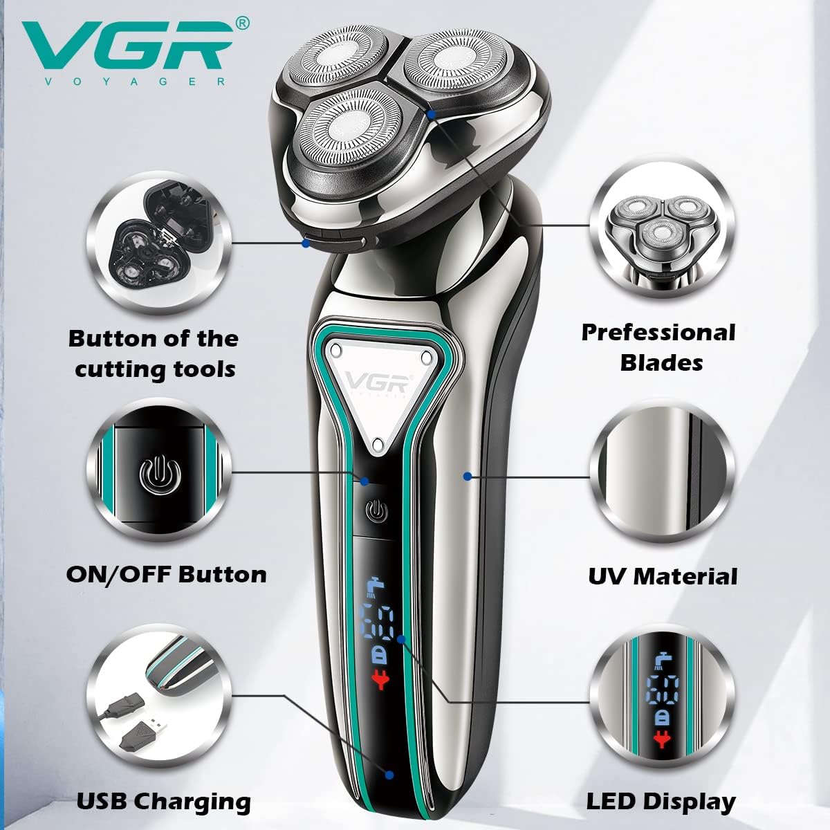 VGR Rechargeable Rotary Shaver , Wet and Dr Usage Silver - V-323
