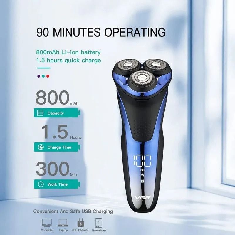 ماكينة حلاقة بشفرة فويل بدون سلك في جي ار ، استخدام جاف ورطب ، ازرق واسود - V-306