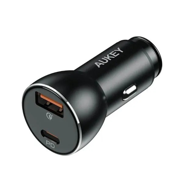Aukey Car Charger , 2 Ports , Dual Ports Type C and A , 48 Watt , 5 Volt , Black - CC-Y48