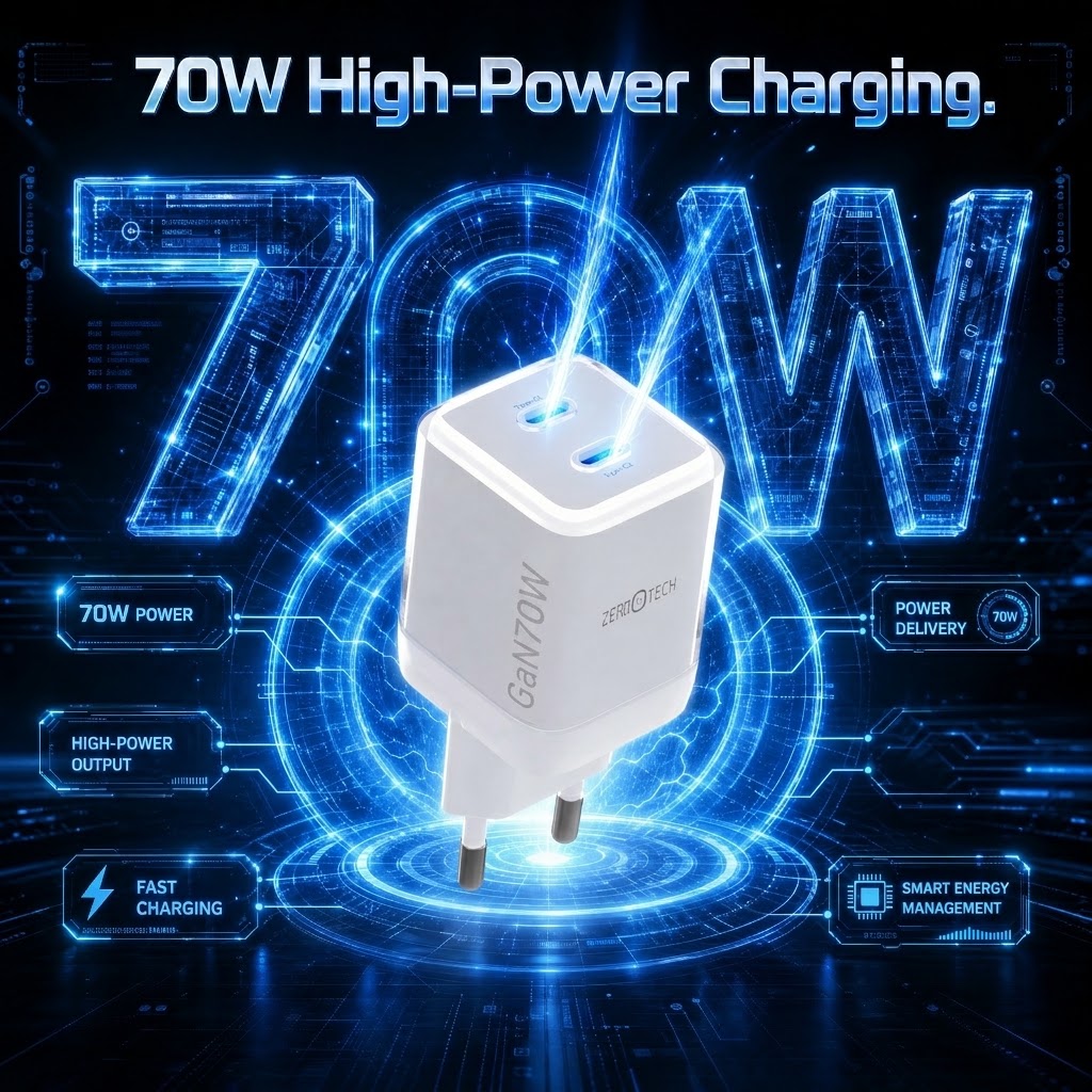 شاحن زيروتك ، عدد 2 منفذ Type C ، قدرة 70 وات ، 5 فولت ، ابيض - ZA-70W