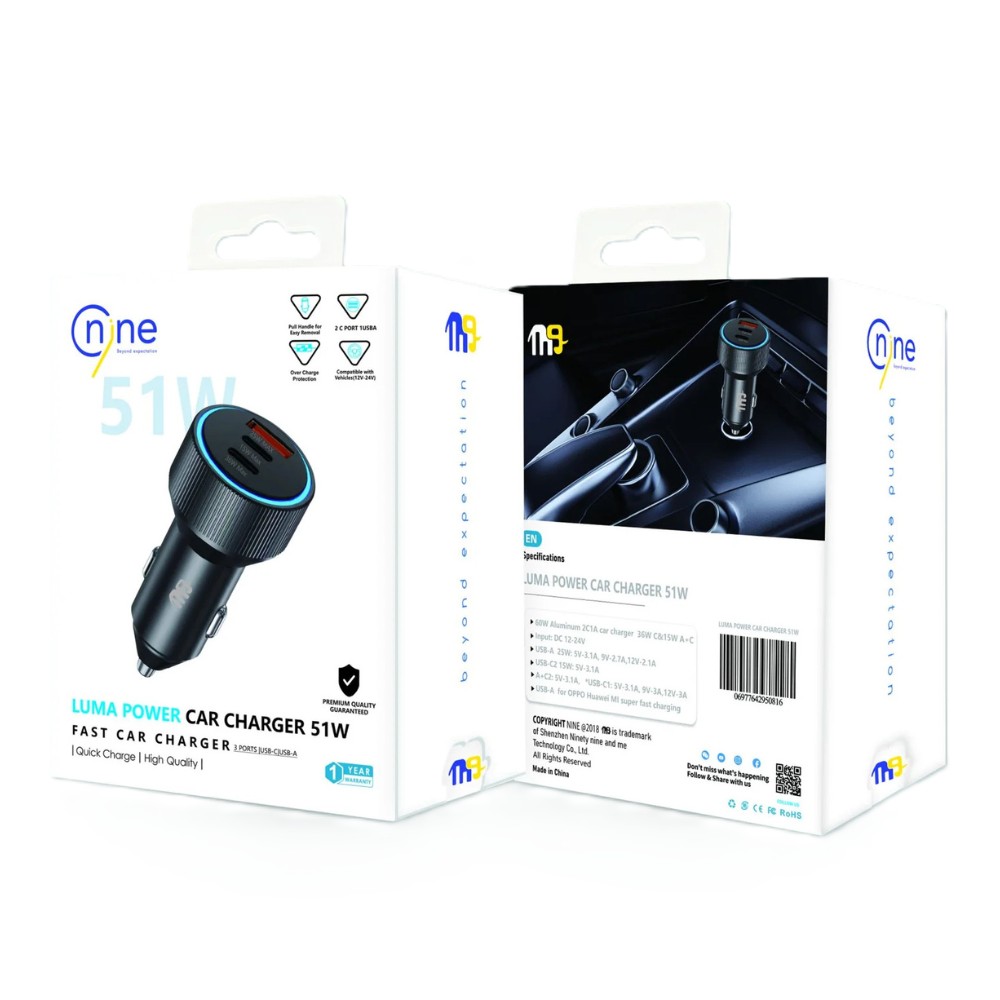 Nine Luma Power Car Charger , 3 Ports , Triple Port , 51 Watt , 12 Volt , Black