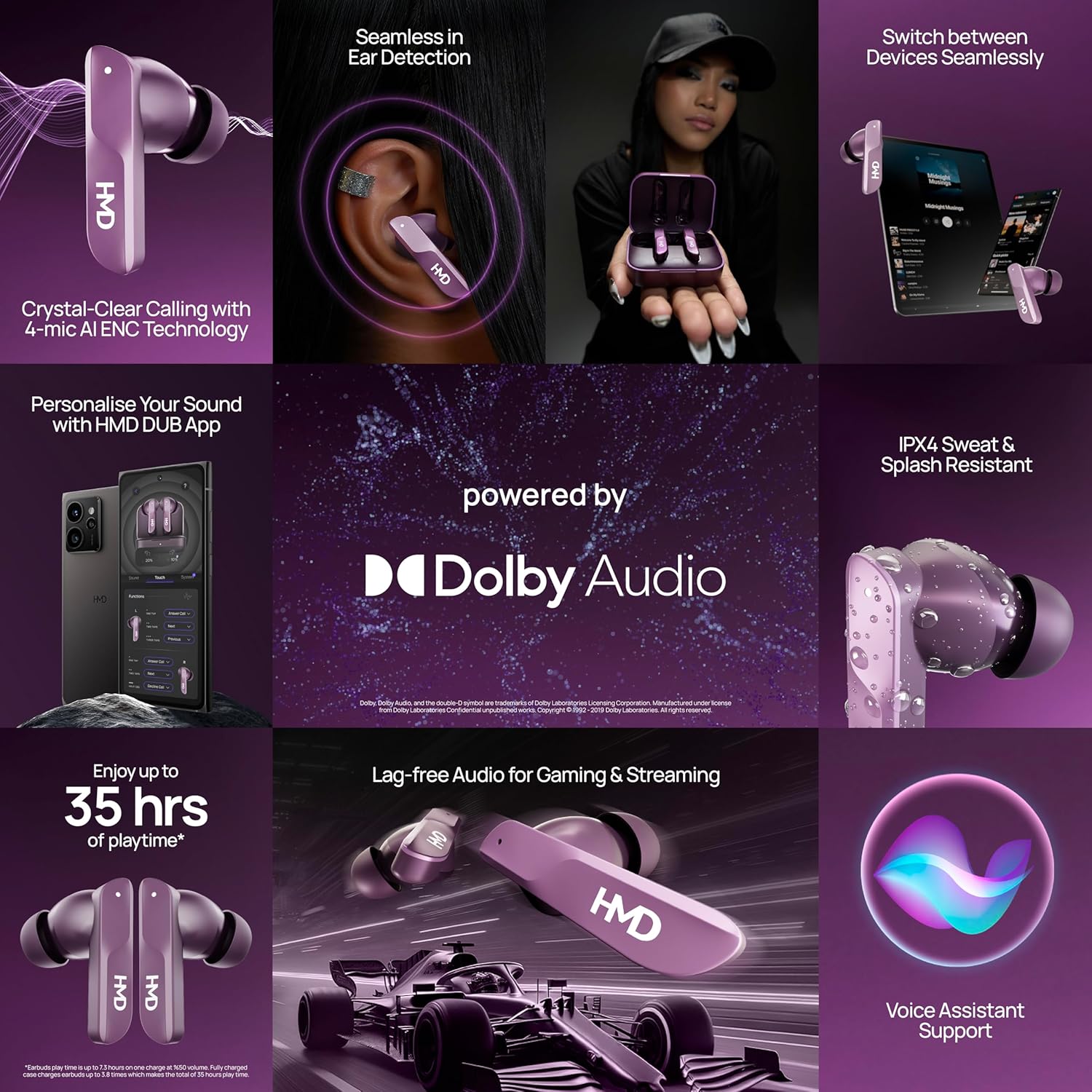 ايربودز اتش ام دي DUB S60 ، بخاصية إلغاء الضوضاء المحيطة ، ارجواني