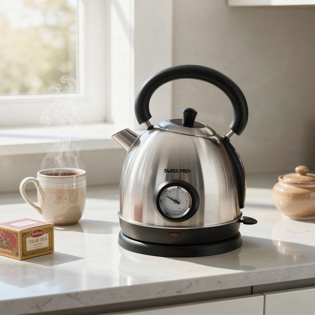Swiss Pro Plus Retro 304 Stainless steel body Electric Kettle , 1.8 Liter 2200 Watt , Silver - Swiss Pro Plus