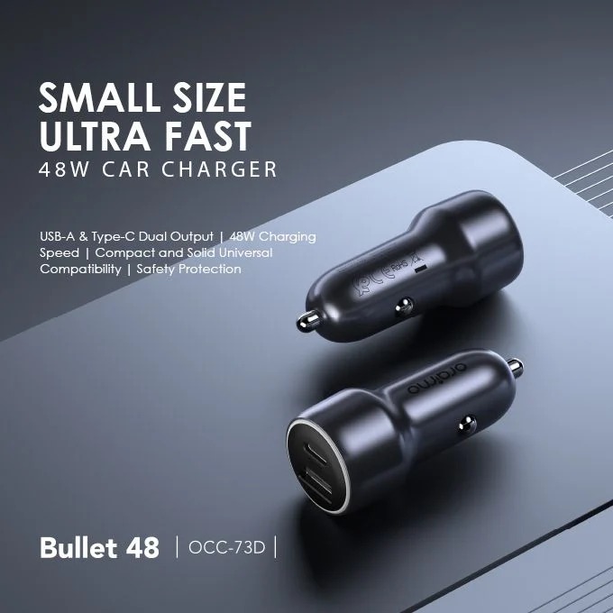 Oraimo Bullet Car Charger , 2 Ports , Dual Ports Type C and A , 48 Watt , 5 Volt , Dark Chrome - OCC-73D