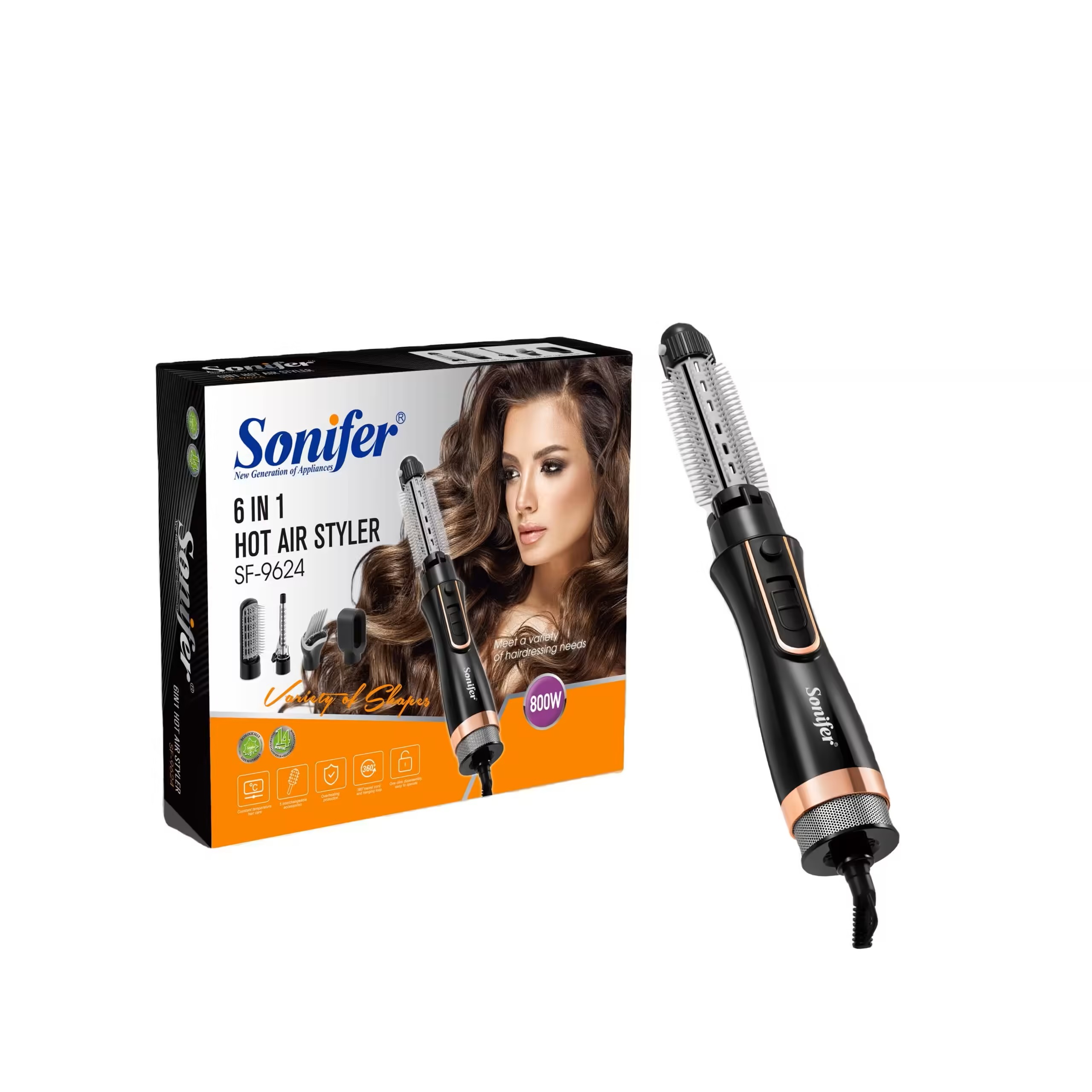Sonifer 6 in 1 Hot Air Styler 800 Watt 200 Celsius , Black - SF-9624
