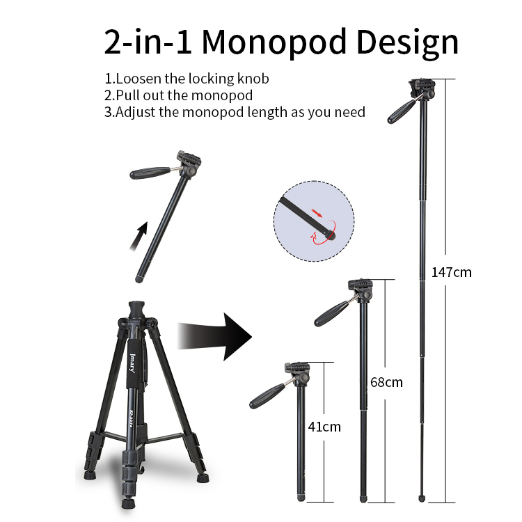 Jmary KP-2274 Tripod for Cameras, smartphones, camcorders, and other 1/4” screw devices Black