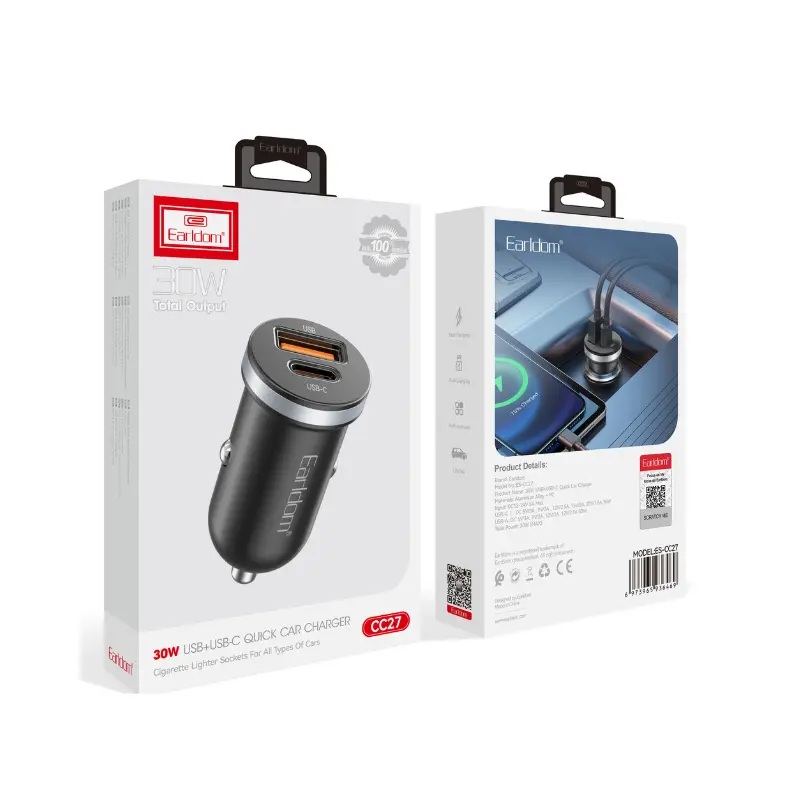 Earldom Car Charger , 2 Ports , Dual Ports Type C and A , 30 Watt , Black - CC27