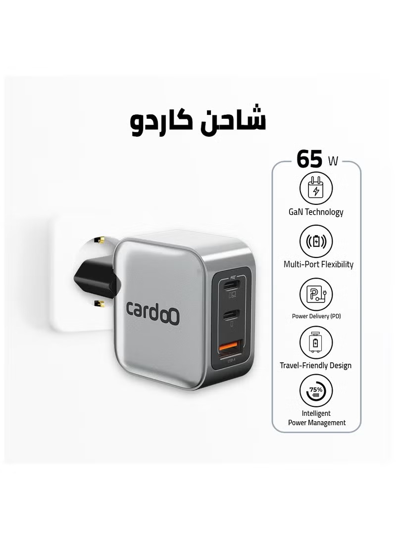 Cardoo Wall Charger , 3 Ports Triple Port , 65 Watt Silver Black - CGLAEU02