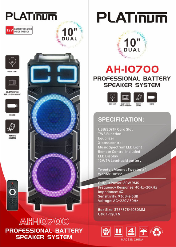 مكبر صوت بلوتوث محمول بلاتنيوم ، اسود - AH-10700